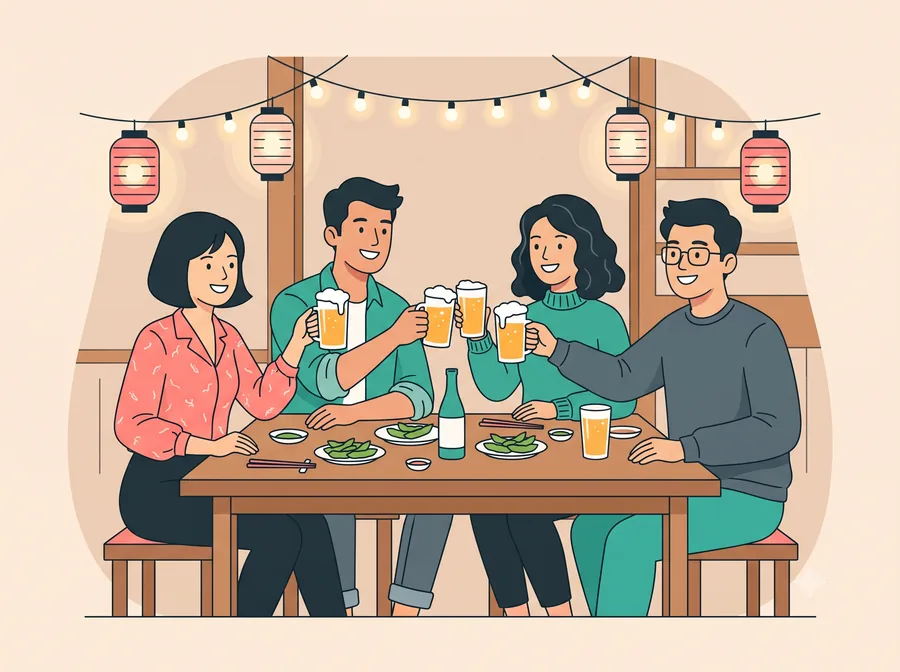 地元の友人と居酒屋で飲んでいる様子